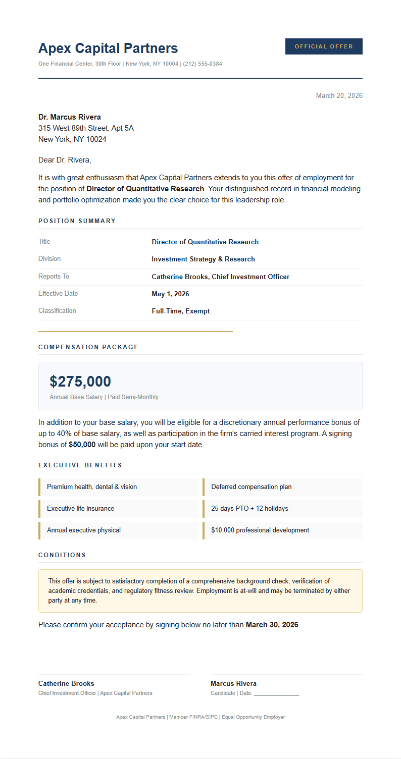 Executive formal job offer letter